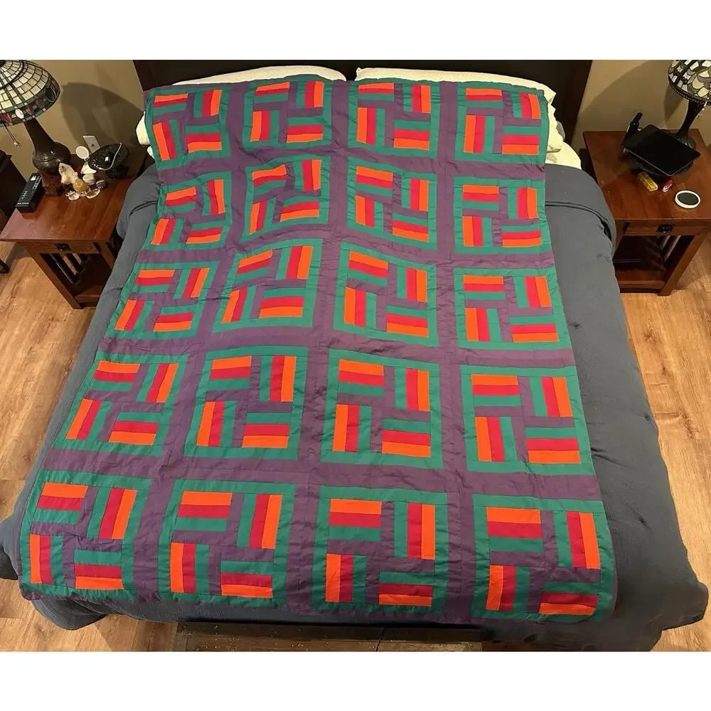 Handmade Quilt 80” X 65”‎ Red Orange Green Purple